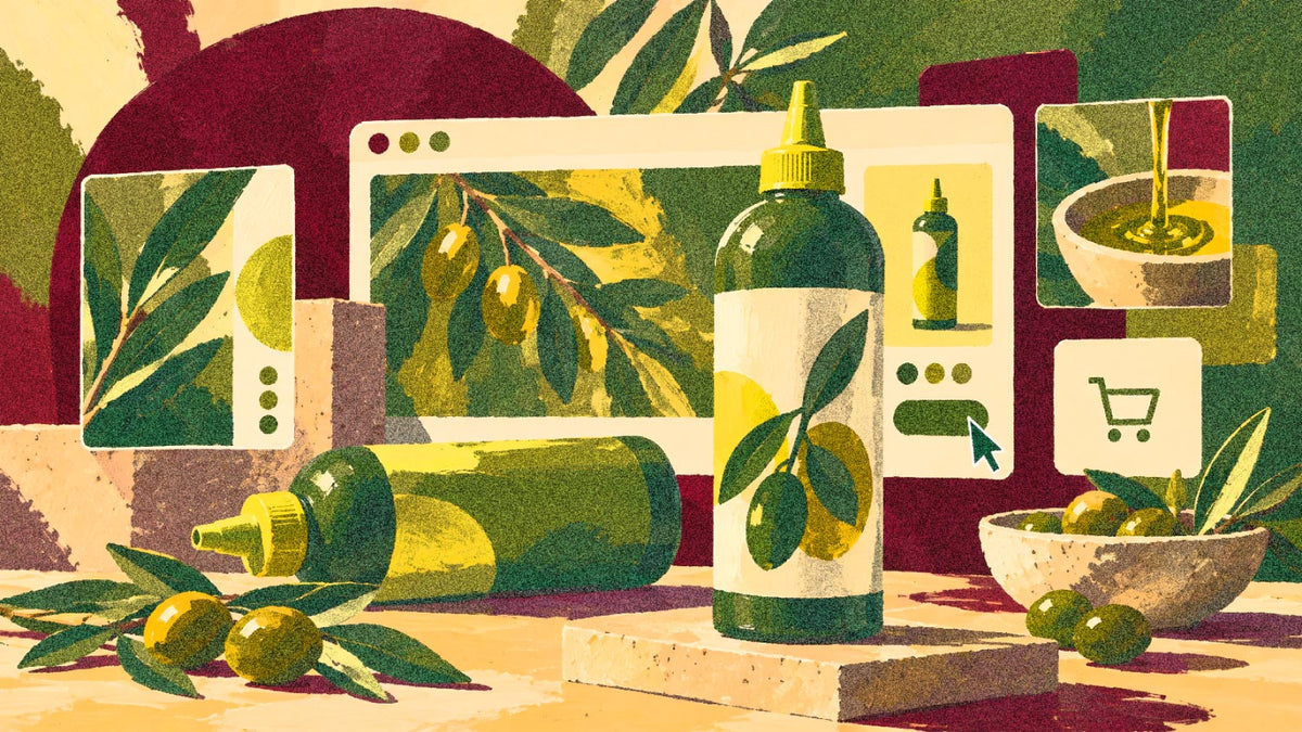 Ilustración editorial fauvista con botellas de aceite de oliva, interfaz web y elementos de ecommerce en colores de Teselar Estudio.