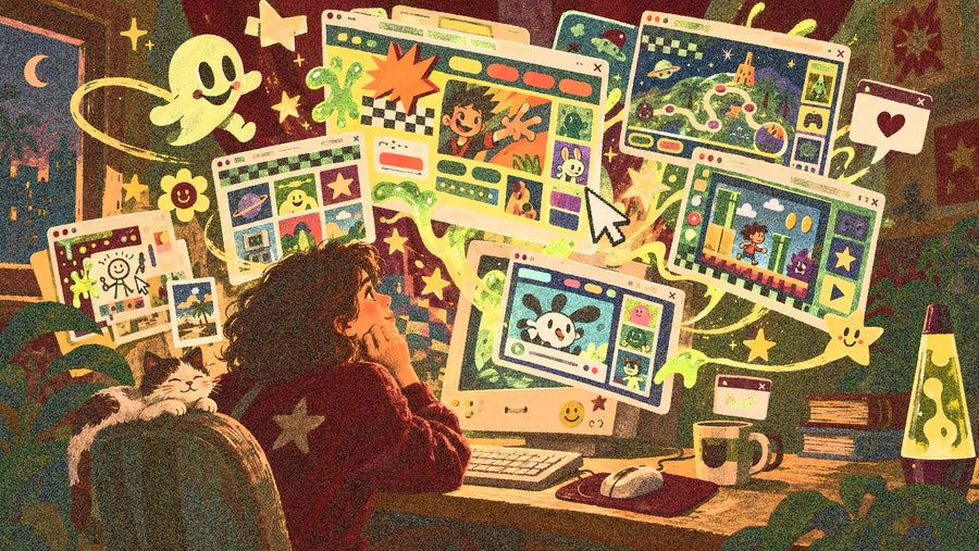 Ilustración editorial inspirada en las páginas web de los 2000, con ventanas digitales, cursores y elementos interactivos en colores de Teselar Estudio.